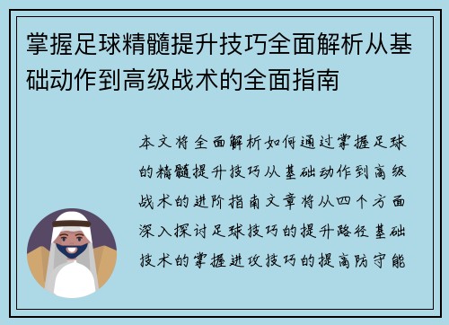 掌握足球精髓提升技巧全面解析从基础动作到高级战术的全面指南